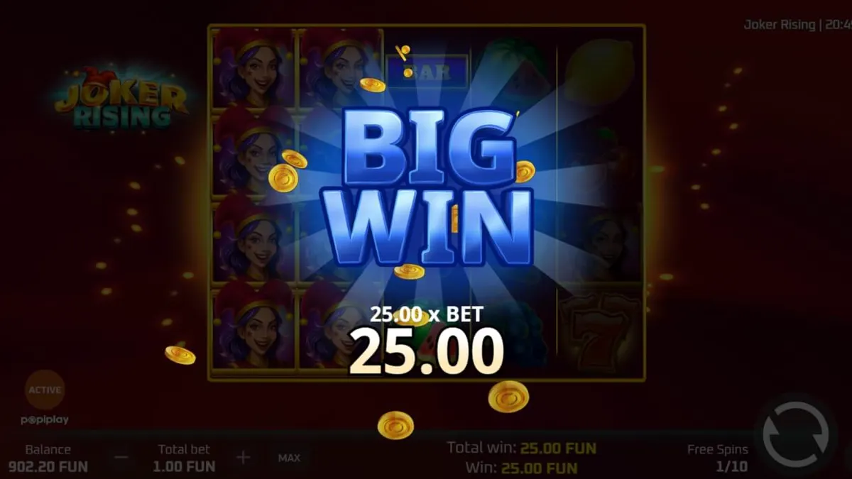 Isang makulay na screen ng Joker Rising slot na nagpapakita ng mga prutas at Joker symbols.