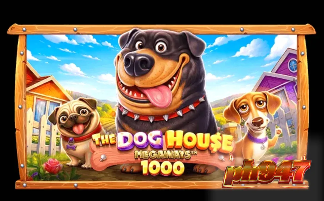 The Dog House Megaways 1000 slot game screen featuring cute dogs and vibrant countryside graphics.